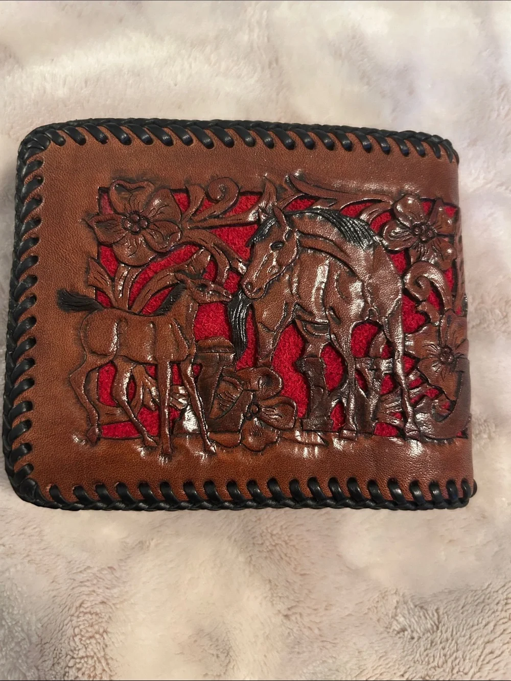 Handcrafted Tooled Leather Horse Bifold Wallet in Brown & Red